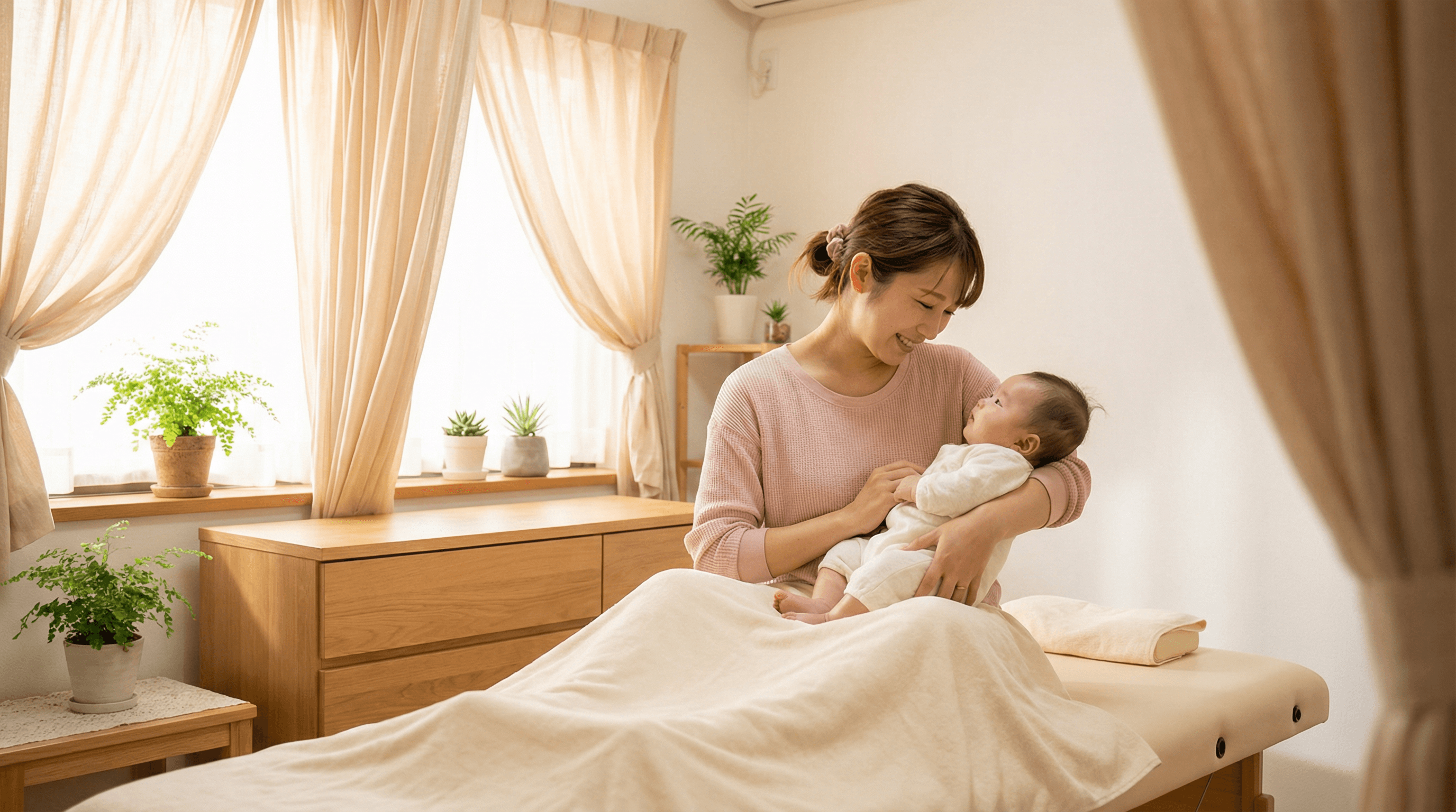 自然光が差し込む明るい室内で、母親が赤ちゃんを抱っこして穏やかに微笑んでいる写真