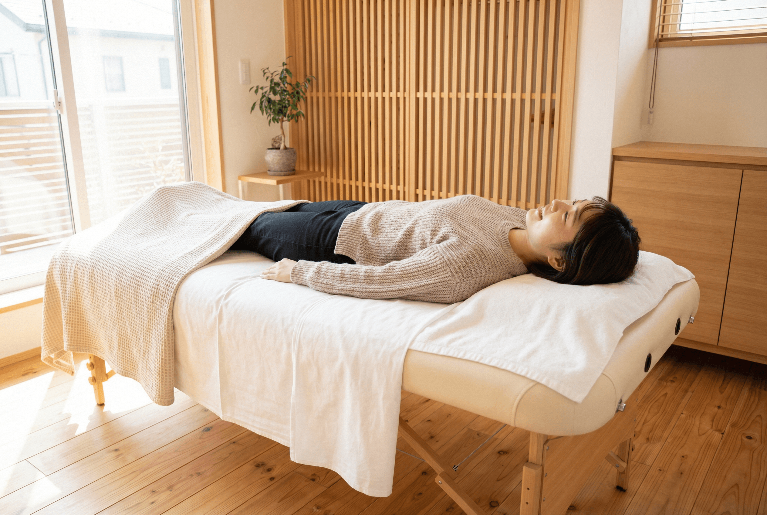 産後ママがリラックスして施術を受けている様子